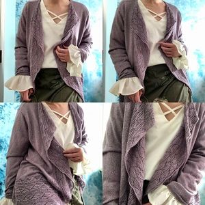Glitter Fairy Metallic Mauve Cardigan with Crochet Lace Trim